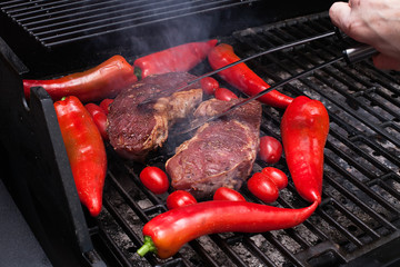 Vegetables and meat on grill
