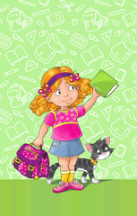 Template greeting card with schoolgirl