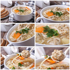 Set of photo soup with meatballs and noodles