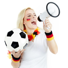 Girly soccer fan shouting loud through megaphone