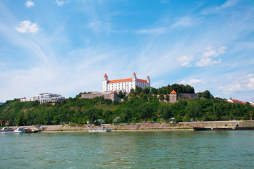 View of historical center and castle in Bratislava in summer day