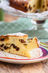 Homemade vanilla cake with raisins. Selective focus