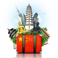 China, China landmarks, travel and retro suitcase