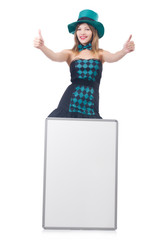 Young pretty woman  in a hat with blank board isolated on white