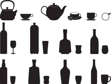 Bottles with specific glasses illustrated on white