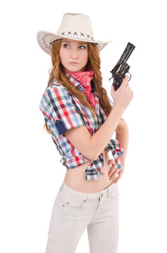 Redhead aiming  cowgirl with gun  isolated on white