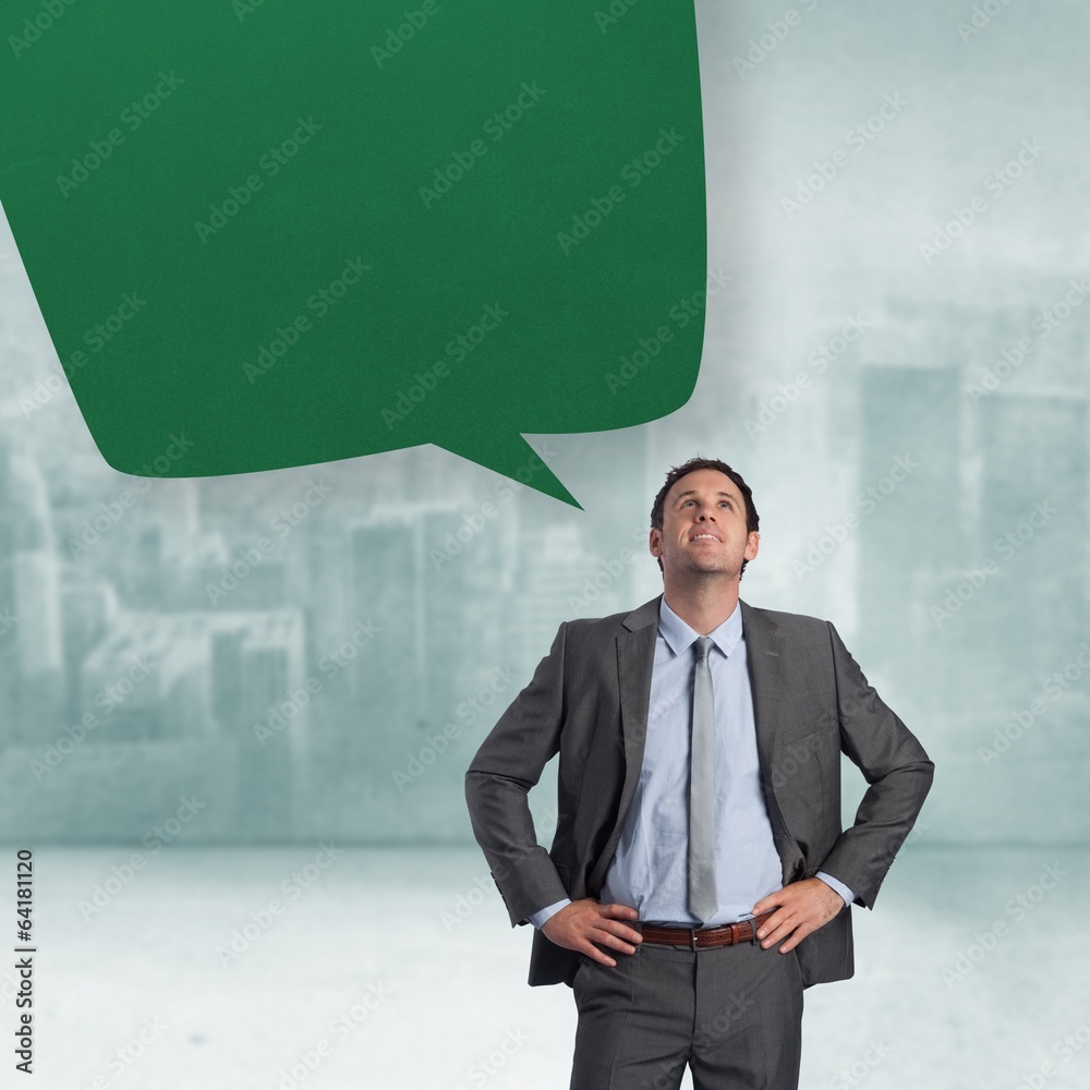 Poster Composite image of smiling businessman with hands on hips with s