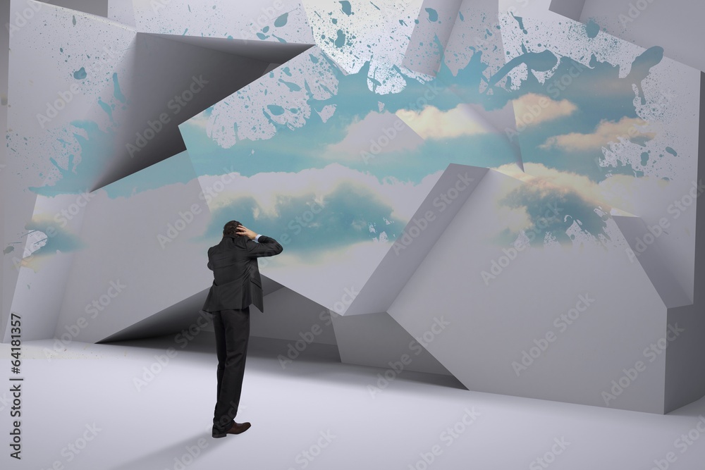 Poster composite image of stressed businessman with hands on head