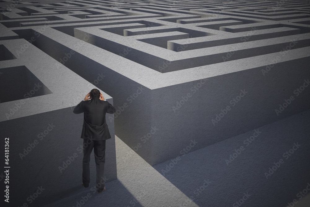 Poster composite image of stressed businessman with hands on head