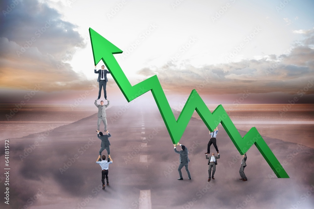 Poster composite image of business team holding up arrow