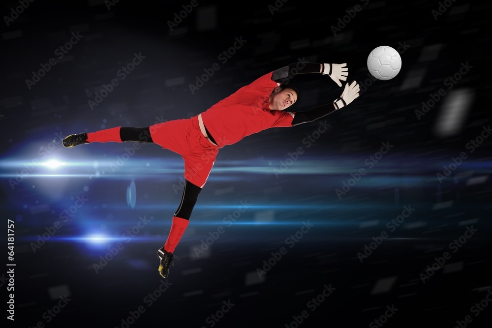 Poster composite image of fit goal keeper jumping up