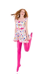 Young model with pink stockings on white