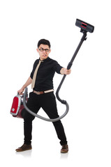 Man with vacuum cleaner isolated on white
