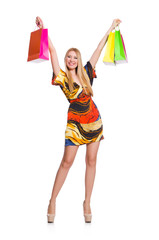 Young woman after shopping isolated on the white