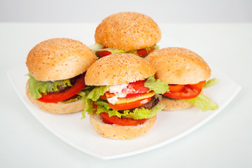 Big homemade hamburgers lay on white plate. Studio photo