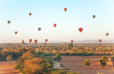 Air balloons over ancient Buddhist temples in Bagan.