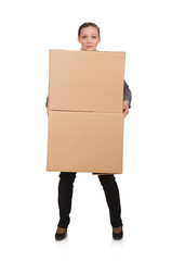 Woman businesswoman with boxes on white