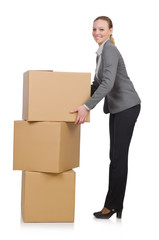 Woman businesswoman with boxes on white