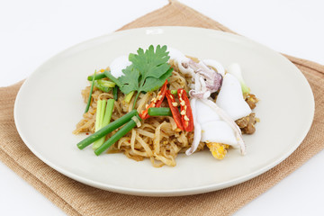Thai food pad thai, stir-fried rice noodle with squid