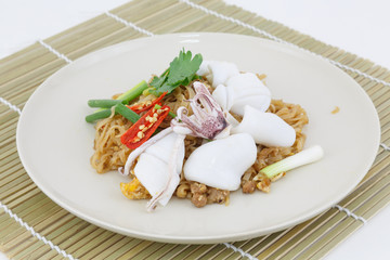 Thai food pad thai, stir-fried rice noodle with squid