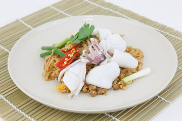 Thai food pad thai, stir-fried rice noodle with squid