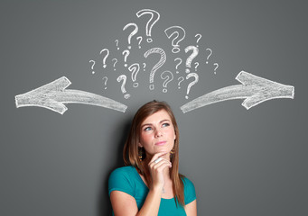 woman making a decision with arrows and question mark above her