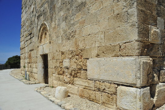 Massive stone wall of the fortress at Zippori, Israel