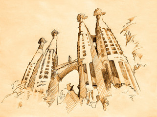 Naklejka premium temple of Sacred Family in Barcelona, drawing