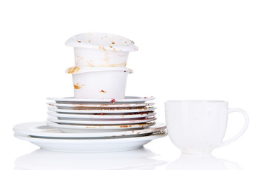 Dirty dishes isolated on white
