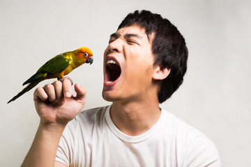 Asian men with parrot - Sun Conure - 64192586