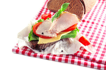 Delicious sandwiches with meet on table close-up