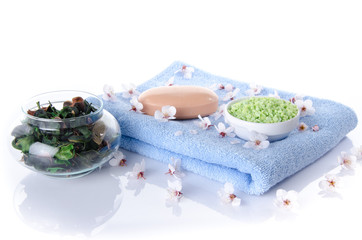 Obraz na płótnie Canvas Soap and bath salt on a towel