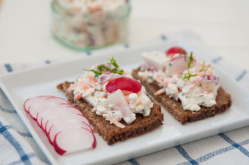 Vollkornbrot mit Hüttenkäse und Gemüse