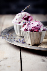 Berry ice cream with lavender flowers