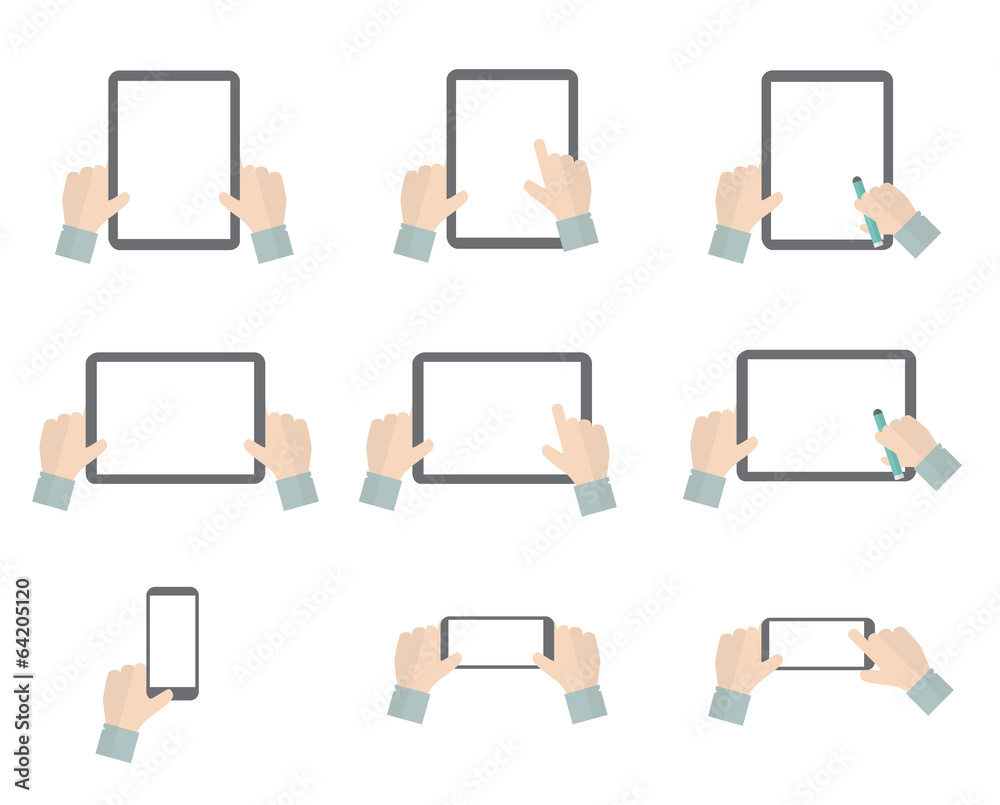 Poster flat vector hands playing with isolated laptop and smartphone