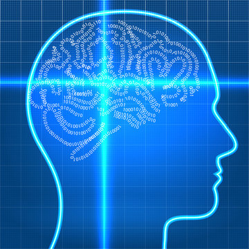 Digital artificial brain on scan over blueprint paper