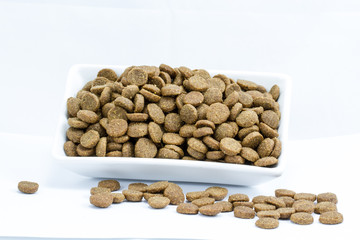 Dog food in a bowl on white background