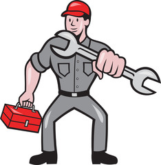 Mechanic Punching With Spanner Cartoon