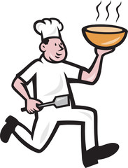 Chef Cook Running Holding Bowl Cartoon