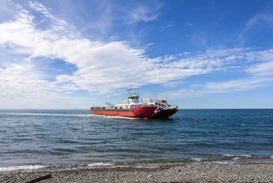 Ferry On The Strait Of Magellan, Patagonia, Chile.