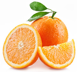 Oranges with slice and leaves isolated on a white background.