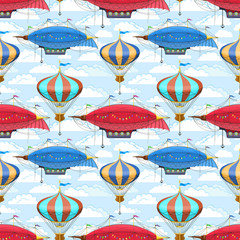 Seamless pattern with dirigibles and air balloons in the sky © 0mela