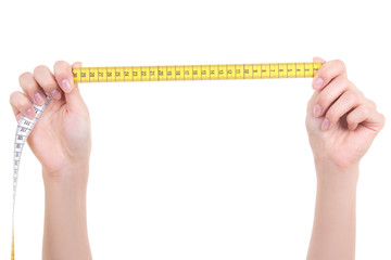 woman hands stretching a measure tape isolated on white backgrou