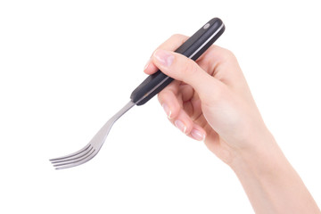 woman hand holding fork isolated on white