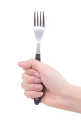 female hand holding fork isolated on white