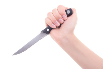 female hand with knife isolated on white