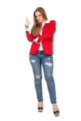 Casual woman in red coat smiling isolated on white background