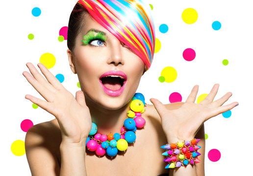 Beauty Portrait with Colorful Makeup Manicure and Hairstyle