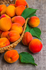 Apricots with leaves on  old wooden table