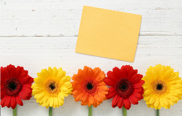 Gerbera auf Holz mit Zetttel